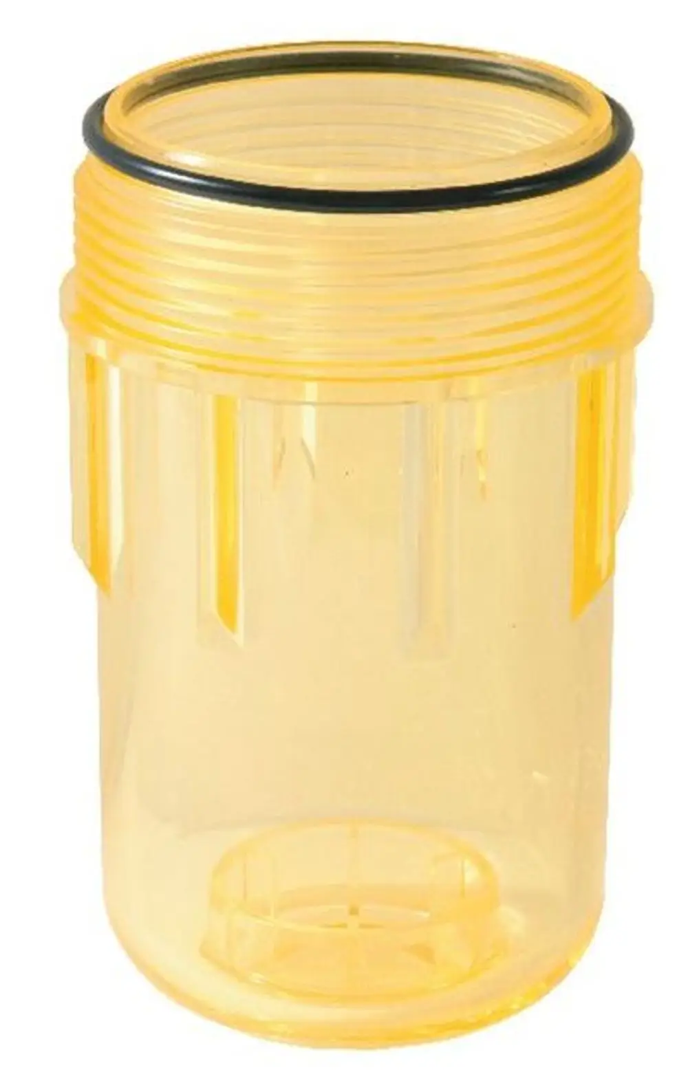 Transparente, gelbe Tasse mit O-Ring, geeignet als Ersatzteil von Syr. Der Behälter hat eine durchsichtige Oberfläche und gerillte Struktur an der Oberkante.